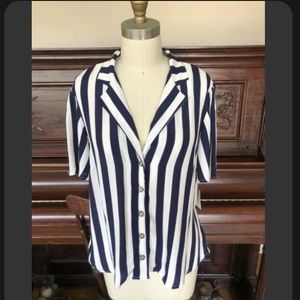 NWT! New Navy White Stripe Collared Blouse + Elastic + Peplum + Flutter Sleeves